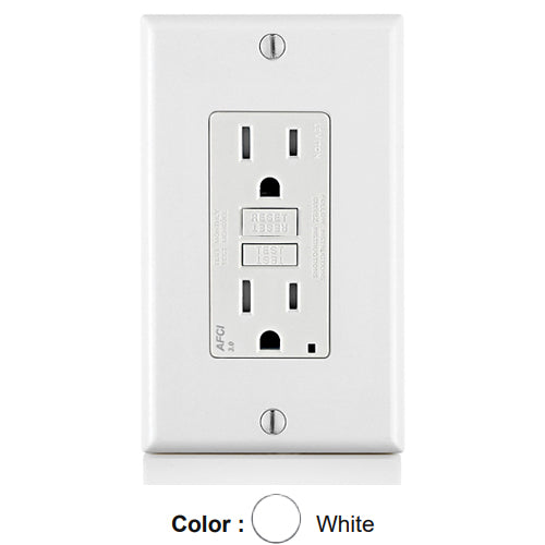 Leviton AFTR1-W, SmartlockPro Branch Circuit AFCI Duplex Receptacle, Tamper-Resistant, LED Indicator Light, Wallplate Included, 15A 125V, NEMA 5-15R, Back & Side Wired, Self-Grounding, White
