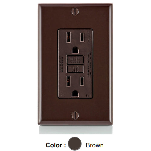 Leviton AFTR1, SmartlockPro Branch Circuit AFCI Duplex Receptacle, Tamper-Resistant, LED Indicator Light, Wallplate Included, 15A 125V, NEMA 5-15R, Back & Side Wired, Self-Grounding, Brown