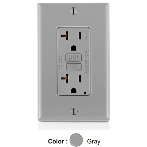 Leviton AFTR2-GY, SmartlockPro Branch Circuit AFCI Duplex Receptacle, Tamper-Resistant, LED Indicator Light, Wallplate Included, 20A 125V, NEMA 5-20R, Back & Side Wired, Self-Grounding, Gray