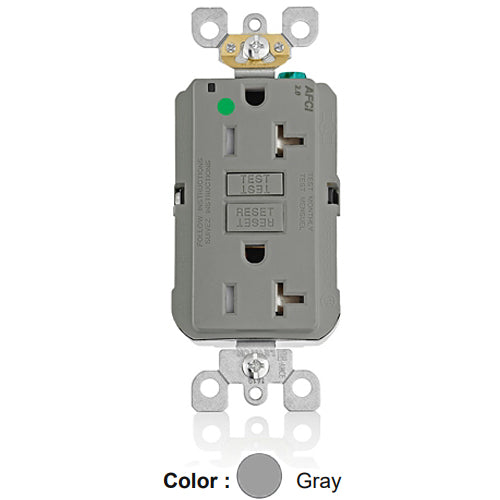 Leviton AFTR2-HGG, SmartlockPro Branch Circuit AFCI Duplex Receptacle, Tamper-Resistant, LED Indicator Light, Heavy-Duty Hospital Grade, Wallplate Included, 20A 125V, NEMA 5-20R, Back & Side Wired, Self-Grounding, Gray
