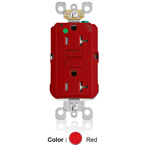 Leviton AFTR2-HGR, SmartlockPro Branch Circuit AFCI Duplex Receptacle, Tamper-Resistant, LED Indicator Light, Heavy-Duty Hospital Grade, Wallplate Included, 20A 125V, NEMA 5-20R, Back & Side Wired, Self-Grounding, Red