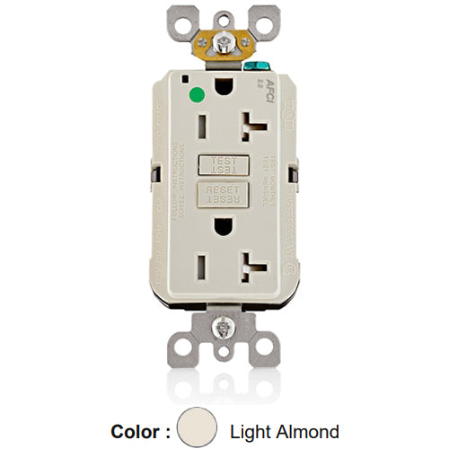 Leviton AFTR2-HGT, SmartlockPro Branch Circuit AFCI Duplex Receptacle, Tamper-Resistant, LED Indicator Light, Heavy-Duty Hospital Grade, Wallplate Included, 20A 125V, NEMA 5-20R, Back & Side Wired, Self-Grounding, Light Almond