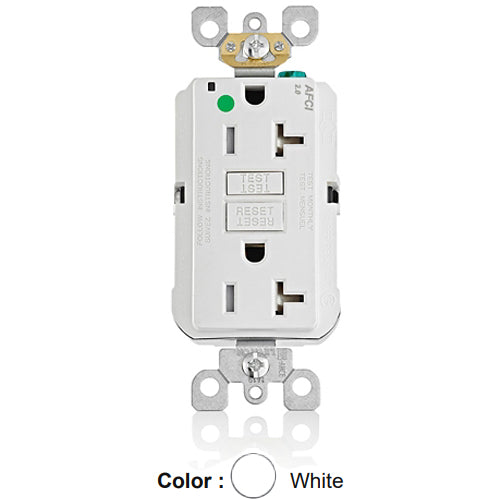 Leviton AFTR2-HGW, SmartlockPro Branch Circuit AFCI Duplex Receptacle, Tamper-Resistant, LED Indicator Light, Heavy-Duty Hospital Grade, Wallplate Included, 20A 125V, NEMA 5-20R, Back & Side Wired, Self-Grounding, White