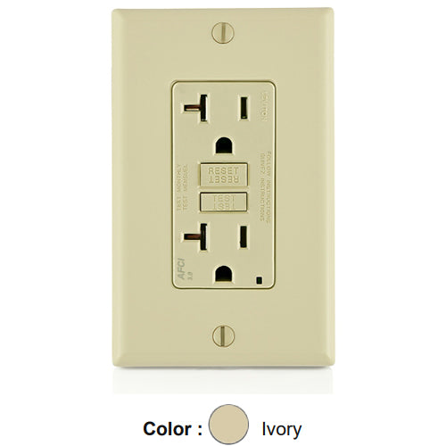 Leviton AFTR2-I, SmartlockPro Branch Circuit AFCI Duplex Receptacle, Tamper-Resistant, LED Indicator Light, Wallplate Included, 20A 125V, NEMA 5-20R, Back & Side Wired, Self-Grounding, Ivory