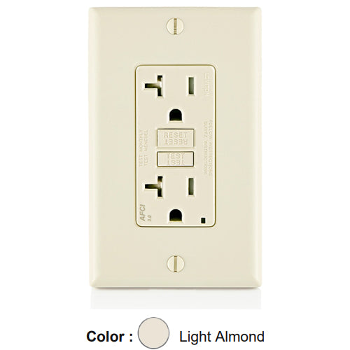 Leviton AFTR2-T, SmartlockPro Branch Circuit AFCI Duplex Receptacle, Tamper-Resistant, LED Indicator Light, Wallplate Included, 20A 125V, NEMA 5-20R, Back & Side Wired, Self-Grounding, Light Almond