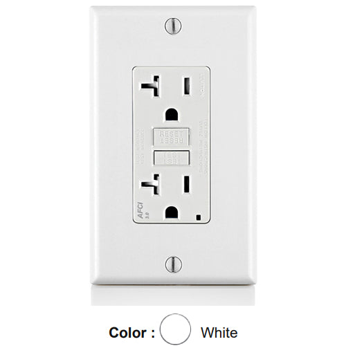 Leviton AFTR2-W, SmartlockPro Branch Circuit AFCI Duplex Receptacle, Tamper-Resistant, LED Indicator Light, Wallplate Included, 20A 125V, NEMA 5-20R, Back & Side Wired, Self-Grounding, White