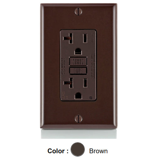 Leviton AFTR2, SmartlockPro Branch Circuit AFCI Duplex Receptacle, Tamper-Resistant, LED Indicator Light, Wallplate Included, 20A 125V, NEMA 5-20R, Back & Side Wired, Self-Grounding, Brown