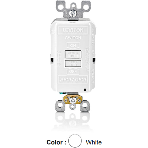 Leviton AGRBF-W, SmartlockPro Dual Function AFCI/GFCI Blank Face Receptacle, LED Indicator Light, 20 Amp Feed-Through, 125 Volt, Back & Side Wired, Self-Grounding, White