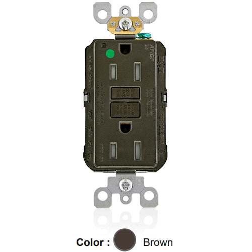 Leviton AGTR1-HG, SmartlockPro Dual Function AFCI/GFCI Duplex Receptacle, Hospital Grade, Tamper-Resistant, LED Indicator Light, 15A 125V, NEMA 5-15R, Back & Side Wired, Self-Grounding, Brown