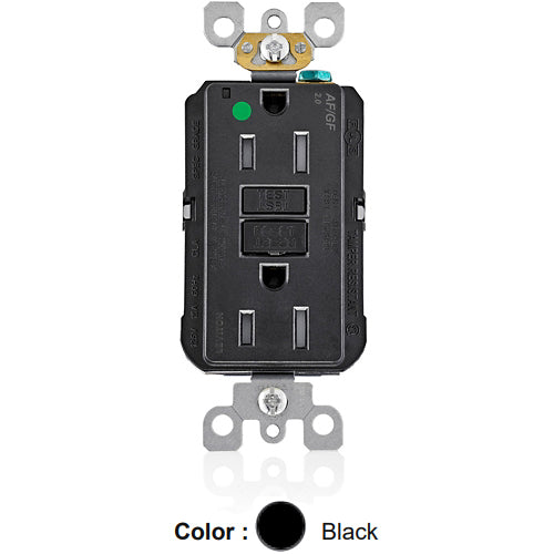 Leviton AGTR1-HGE, SmartlockPro Dual Function AFCI/GFCI Duplex Receptacle, Hospital Grade, Tamper-Resistant, LED Indicator Light, 15A 125V, NEMA 5-15R, Back & Side Wired, Self-Grounding, Black