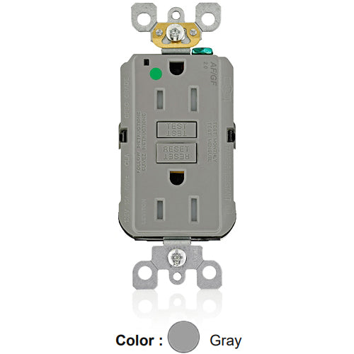 Leviton AGTR1-HGG, SmartlockPro Dual Function AFCI/GFCI Duplex Receptacle, Hospital Grade, Tamper-Resistant, LED Indicator Light, 15A 125V, NEMA 5-15R, Back & Side Wired, Self-Grounding, Gray