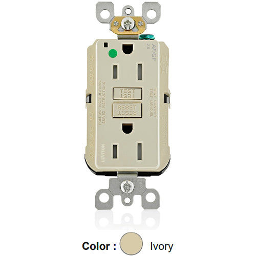 Leviton AGTR1-HGI, SmartlockPro Dual Function AFCI/GFCI Duplex Receptacle, Hospital Grade, Tamper-Resistant, LED Indicator Light, 15A 125V, NEMA 5-15R, Back & Side Wired, Self-Grounding, Ivory