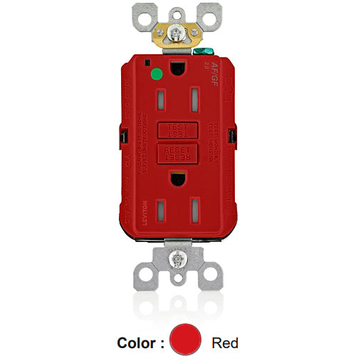 Leviton AGTR1-HGR, SmartlockPro Dual Function AFCI/GFCI Duplex Receptacle, Hospital Grade, Tamper-Resistant, LED Indicator Light, 15A 125V, NEMA 5-15R, Back & Side Wired, Self-Grounding, Red