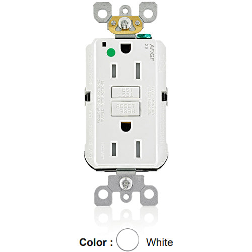 Leviton AGTR1-HGW, SmartlockPro Dual Function AFCI/GFCI Duplex Receptacle, Hospital Grade, Tamper-Resistant, LED Indicator Light, 15A 125V, NEMA 5-15R, Back & Side Wired, Self-Grounding, White