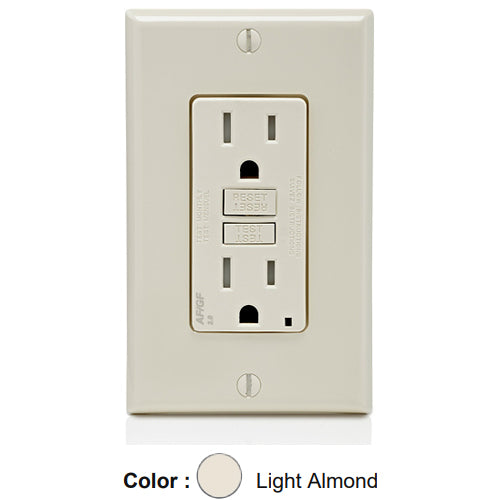 Leviton AGTR1-T, SmartlockPro Dual Function AFCI/GFCI Duplex Receptacle, Tamper-Resistant, LED Indicator Light, Wallplate Included, 15A 125V, NEMA 5-15R, Back & Side Wired, Self-Grounding, Light Almond
