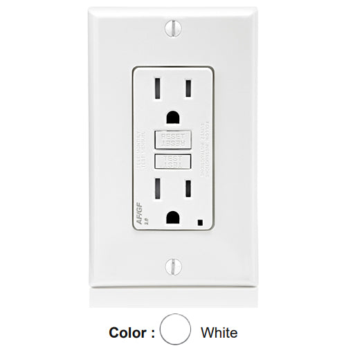 Leviton AGTR1-W, SmartlockPro Dual Function AFCI/GFCI Duplex Receptacle, Tamper-Resistant, LED Indicator Light, Wallplate Included, 15A 125V, NEMA 5-15R, Back & Side Wired, Self-Grounding, White