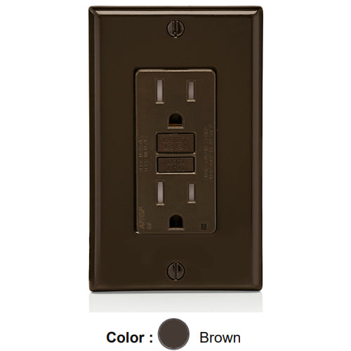 Leviton AGTR1, SmartlockPro Dual Function AFCI/GFCI Duplex Receptacle, Tamper-Resistant, LED Indicator Light, Wallplate Included, 15A 125V, NEMA 5-15R, Back & Side Wired, Self-Grounding, Brown