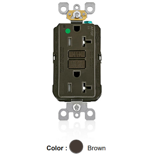 Leviton AGTR2-HG, SmartlockPro Dual Function AFCI/GFCI Duplex Receptacle, Hospital Grade, Tamper-Resistant, LED Indicator Light, 20A 125V, NEMA 5-20R, Back & Side Wired, Self-Grounding, Brown