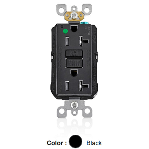 Leviton AGTR2-HGE, SmartlockPro Dual Function AFCI/GFCI Duplex Receptacle, Hospital Grade, Tamper-Resistant, LED Indicator Light, 20A 125V, NEMA 5-20R, Back & Side Wired, Self-Grounding, Black
