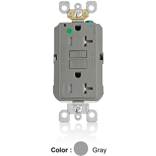 Leviton AGTR2-HGG, SmartlockPro Dual Function AFCI/GFCI Duplex Receptacle, Hospital Grade, Tamper-Resistant, LED Indicator Light, 20A 125V, NEMA 5-20R, Back & Side Wired, Self-Grounding, Gray