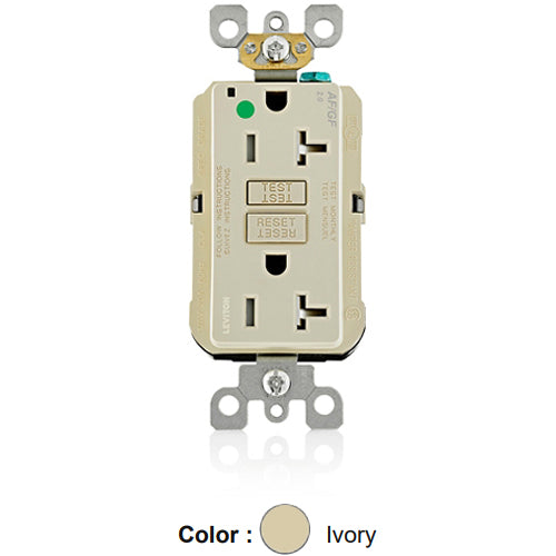 Leviton AGTR2-HGI, SmartlockPro Dual Function AFCI/GFCI Duplex Receptacle, Hospital Grade, Tamper-Resistant, LED Indicator Light, 20A 125V, NEMA 5-20R, Back & Side Wired, Self-Grounding, Ivory