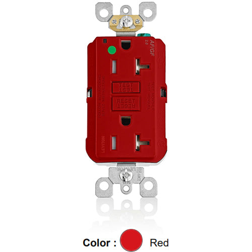 Leviton AGTR2-HGR, SmartlockPro Dual Function AFCI/GFCI Duplex Receptacle, Hospital Grade, Tamper-Resistant, LED Indicator Light, 20A 125V, NEMA 5-20R, Back & Side Wired, Self-Grounding, Red