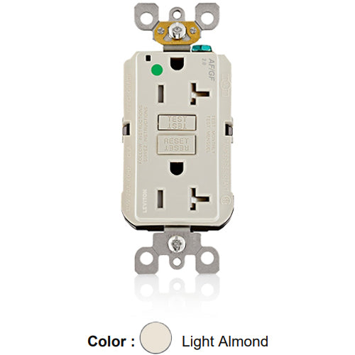 Leviton AGTR2-HGT, SmartlockPro Dual Function AFCI/GFCI Duplex Receptacle, Hospital Grade, Tamper-Resistant, LED Indicator Light, 20A 125V, NEMA 5-20R, Back & Side Wired, Self-Grounding, Light Almond