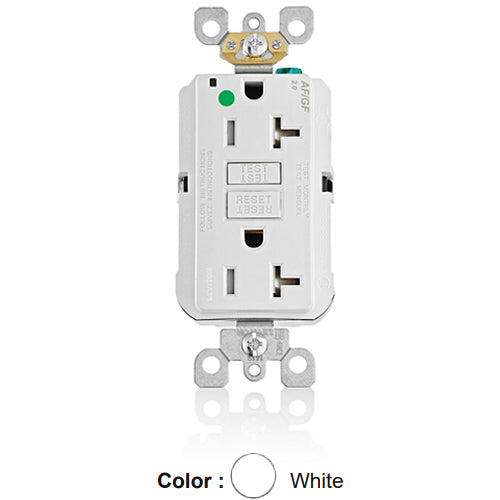 Leviton AGTR2-HGW, SmartlockPro Dual Function AFCI/GFCI Duplex Receptacle, Hospital Grade, Tamper-Resistant, LED Indicator Light, 20A 125V, NEMA 5-20R, Back & Side Wired, Self-Grounding, White