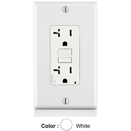 Leviton AGTR2-W, SmartlockPro Dual Function AFCI/GFCI Duplex Receptacle, Tamper-Resistant, LED Indicator Light, Wallplate Included, 20A 125V, NEMA 5-20R, Back & Side Wired, Self-Grounding, White