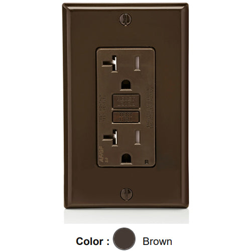 Leviton AGTR2, SmartlockPro Dual Function AFCI/GFCI Duplex Receptacle, Tamper-Resistant, LED Indicator Light, Wallplate Included, 20A 125V, NEMA 5-20R, Back & Side Wired, Self-Grounding, Brown