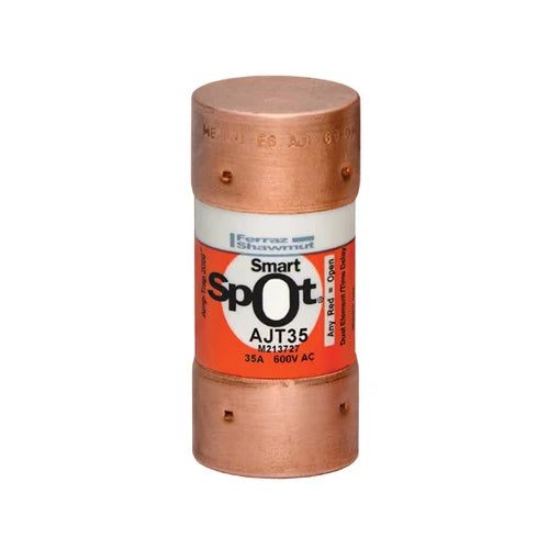 Mersen AJT35, Time-delay Class J Fuse with Solid State SmartSpot Visual Open Fuse Indicator, 600VAC/400VDC, 35A, Ferrule Type