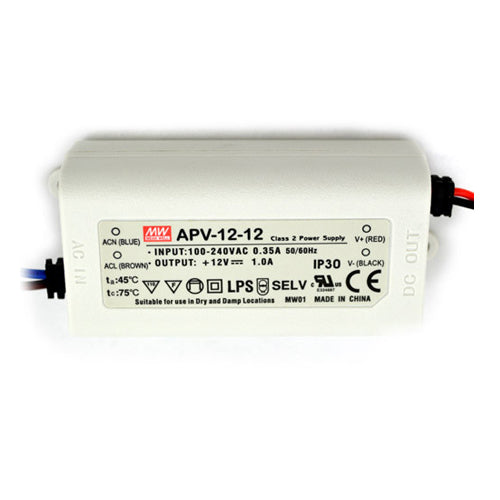 Mean Well APV-12-12, 12W Single Output Switching LED Power Supply, 90-264VAC/127-370VDC Input, 12VDC Output, 1 Amps