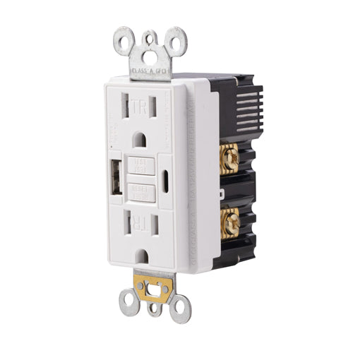 Votatec BCG-003U/BK, GFCI & USB Charger Receptacle, Tamper Resistance, Self tests for Safety, LED Guide Light, Type A+C, 15A, 1800W-2400W, 125V, Neutral & Live Wire & Grounding, Black