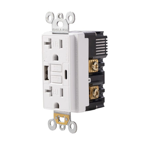 Votatec BCG-004U/WH, GFCI & USB Charger Receptacle, Tamper Resistance, Self tests for Safety, LED Guide Light, Type A+C, 20A, 1800W-2400W, 125V, Neutral & Live Wire & Grounding, White