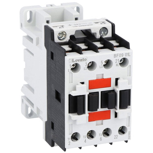 Lovato BF0901L024, BF Series Three-Pole Contactor, IEC Operating Current Ie (AC3) = 9A, DC Coil Low Consumption, 24VDC, 1NC Auxiliary Contact