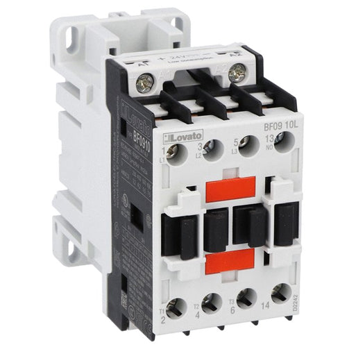 Lovato BF0910L024, BF Series Three-Pole Contactor, IEC Operating Current Ie (AC3) = 9A, DC Coil Low Consumption, 24VDC, 1NO Auxiliary Contact