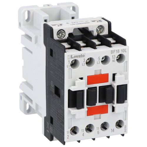 Lovato BF1810L024, BF Series Three-Pole Contactor, IEC Operating Current Ie (AC3) = 18A, DC Coil Low Consumption, 24VDC, 1NO Auxiliary Contact