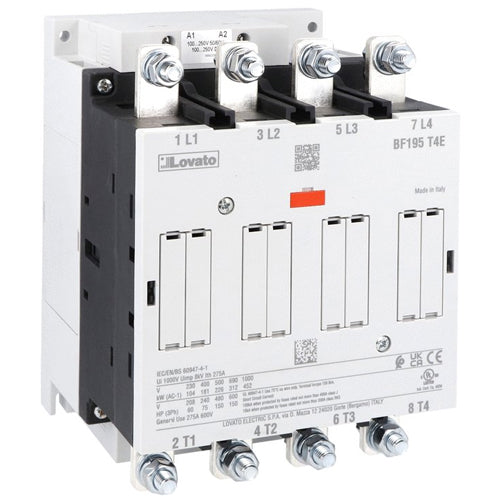 Lovato BF195T4E400, BF Series Four-Pole Contactor, IEC Operating Current Ith (AC1) = 275A, AC/DC Coil, 250…500VAC/DC, 4NO
