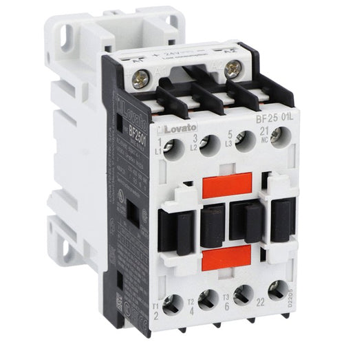 Lovato BF2501L024, BF Series Three-Pole Contactor, IEC Operating Current Ie (AC3) = 25A, DC Coil Low Consumption, 24VDC, 1NC Auxiliary Contact