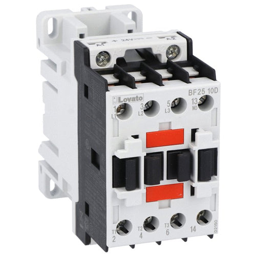 Lovato BF2510L024, BF Series Three-Pole Contactor, IEC Operating Current Ie (AC3) = 25A, DC Coil Low Consumption, 24VDC, 1NO Auxiliary Contact