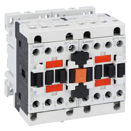 Lovato BFA0184257560, Reversing Contactor Assembly, AC Coil, External Interlock with Power and Auxiliary Wiring, 18A AC3 in AC, 7.5kW, Coil Voltage 575VAC 60Hz