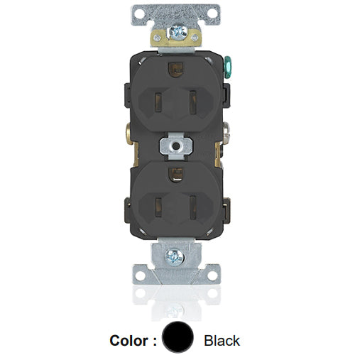 Leviton BR15-E, Standard Straight Blade Duplex Receptacle, Commercial Specification Grade, Indented Face, 15A 125V, NEMA 5-15R, 2-Pole, 3-Wire, Self-Grounding, Back and Side Wire, Black, 2 Packs
