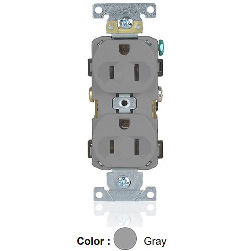 Leviton BR15-GY, Standard Straight Blade Duplex Receptacle, Commercial Specification Grade, Indented Face, 15A 125V, NEMA 5-15R, 2-Pole, 3-Wire, Self-Grounding, Back and Side Wire, Gray, 2 Packs