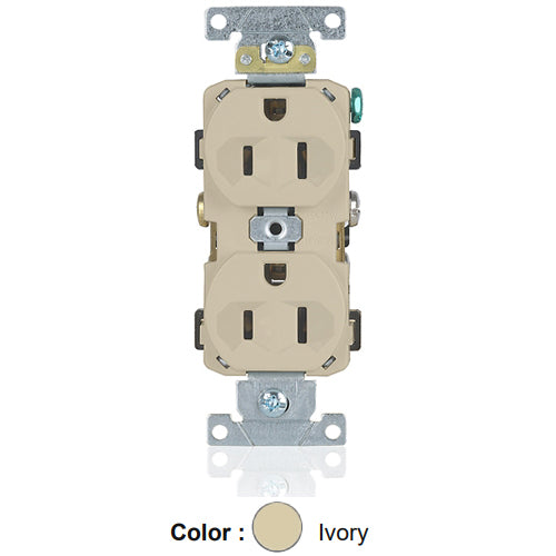 Leviton BR15-I, Standard Straight Blade Duplex Receptacle, Commercial Specification Grade, Indented Face, 15A 125V, NEMA 5-15R, 2-Pole, 3-Wire, Self-Grounding, Back and Side Wire, Ivory, 2 Packs