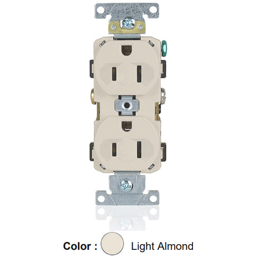 Leviton BR15-T, Standard Straight Blade Duplex Receptacle, Commercial Specification Grade, Indented Face, 15A 125V, NEMA 5-15R, 2-Pole, 3-Wire, Self-Grounding, Back and Side Wire, Light Almond, 2 Packs