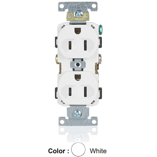 Leviton BR15-W, Standard Straight Blade Duplex Receptacle, Commercial Specification Grade, Indented Face, 15A 125V, NEMA 5-15R, 2-Pole, 3-Wire, Self-Grounding, Back and Side Wire, White, 2 Packs