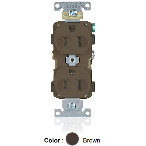 Leviton BR15, Standard Straight Blade Duplex Receptacle, Commercial Specification Grade, Indented Face, 15A 125V, NEMA 5-15R, 2-Pole, 3-Wire, Self-Grounding, Back and Side Wire, Brown, 2 Packs