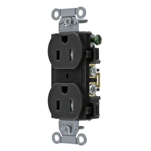 Hubbell BR15BLKTR, Commercial Grade Duplex Receptacles, Tamper Resistant, Smooth Face, Back and Side Wired, 15A 125V, 5-15R, 2-Pole 3-Wire Grounding, Black