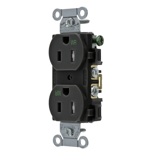 Hubbell BR15BLKWRTR, Commercial Grade Duplex Receptacles, Weather and Tamper Resistant, Smooth Face, Back and Side Wired, 15A 125V, 5-15R, 2-Pole 3-Wire Grounding, Black