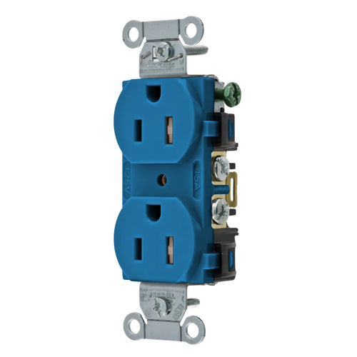 Hubbell BR15BLTR, Commercial Grade Duplex Receptacles, Tamper Resistant, Smooth Face, Back and Side Wired, 15A 125V, 5-15R, 2-Pole 3-Wire Grounding, Blue